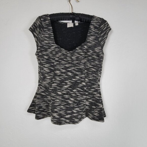 Anthropologie Postmark Womens Black White Textured Peplum Top Small Cap Sleeve - Picture 1 of 7